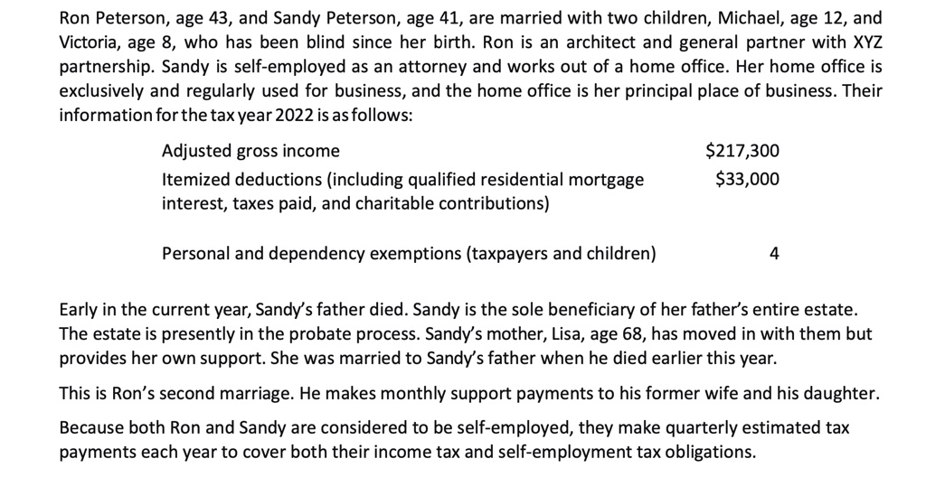 Ron Peterson, age 43, and Sandy Peterson, age 41, are married with two children, Michael, age 12, and
Victoria, age 8, who has been blind since her birth. Ron is an architect and general partner with XYZ
partnership. Sandy is self-employed as an attorney and works out of a home office. Her home office is
exclusively and regularly used for business, and the home office is her principal place of business. Their
information for the tax year 2022 is as follows:

Adjusted gross income 217,300
Itemized deductions (including qualified residential mortgage33,000
interest, taxes paid, and charitable contributions)

Personal and dependency exemptions (taxpayers and children) 4

Early in the current year, Sandy's father died. Sandy is the sole beneficiary of her father's entire estate.
The estate is presently in the probate process. Sandy's mother, Lisa, age 68, has moved in with them but
provides her own support. She was married to Sandy's father when he died earlier this year.

This is Ron's second marriage. He makes monthly support payments to his former wife and his daughter.

Because both Ron and Sandy are considered to be self-employed, they make quarterly estimated tax
payments each year to cover both their income tax and self-employment tax obligations.