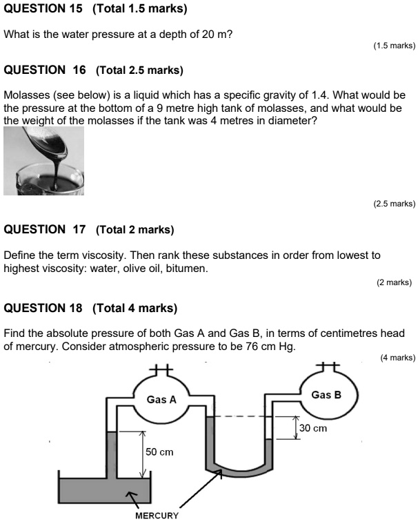 SOLVED QUESTION 15 (Total 1.5 marks) What is the water pressure at a