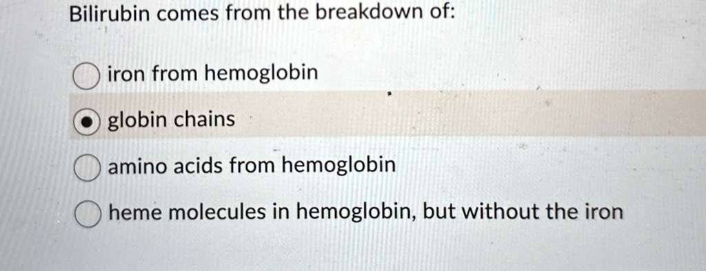 Bilirubin comes from the breakdown of: iron from...