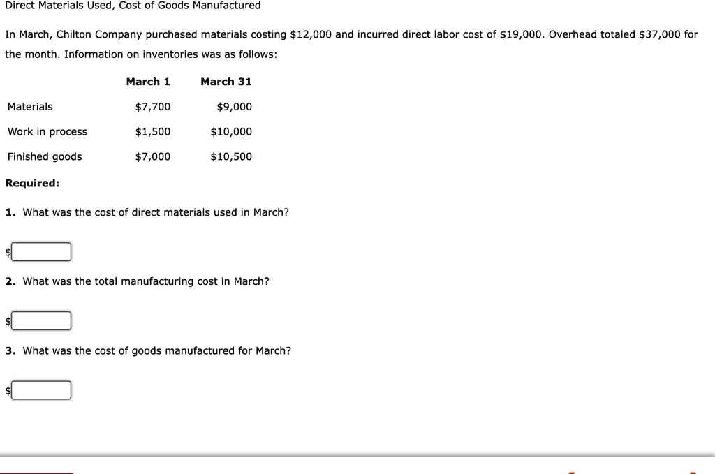 SOLVED Direct Materials Used, Cost of Goods Manufactured In March
