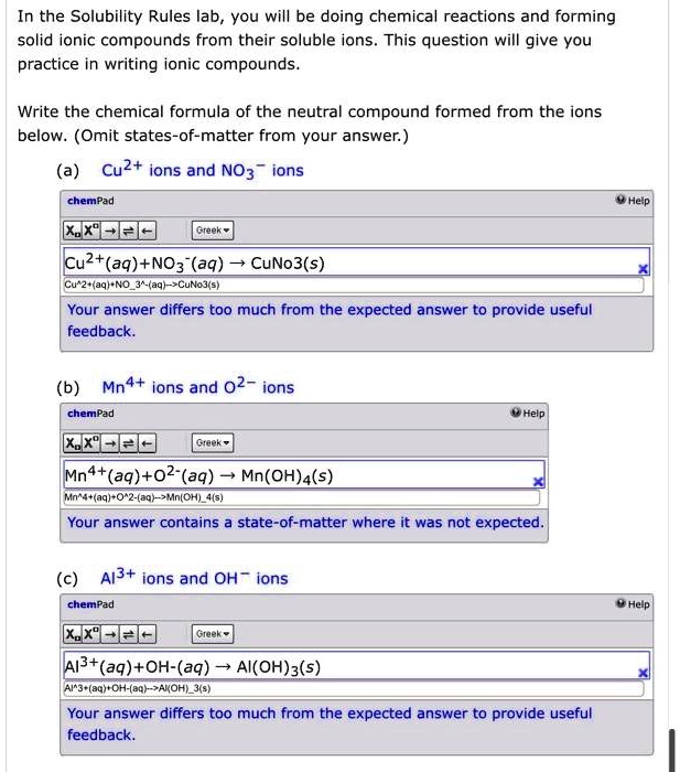 SOLVED In the Solubility Rules lab, you will be conducting chemical