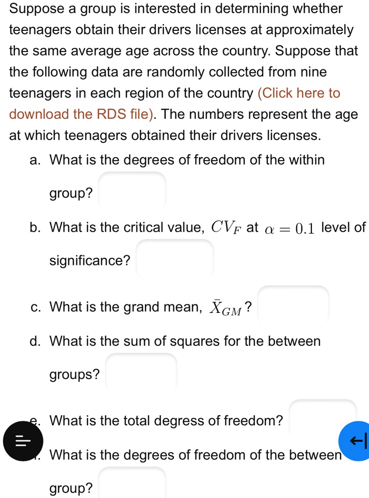 Suppose a group is interested in determining whether teenagers obtain their drivers licenses at approximately the same average age across the country. Suppose that the following data are randomly collected from nine teenagers in each region of the country (Click here to download the RDS file). The numbers represent the age at which teenagers obtained their drivers licenses.
a. What is the degrees of freedom of the within group?
b. What is the critical value, CVF at α = 0.1 level of significance?
c. What is the grand mean, X̅GM?
d. What is the sum of squares for the between groups?
e. What is the total degrees of freedom?
f. What is the degrees of freedom of the between group?
