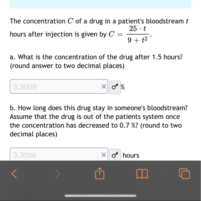 SOLVED The concentration C of a drug in a patient's bloodstream t 25