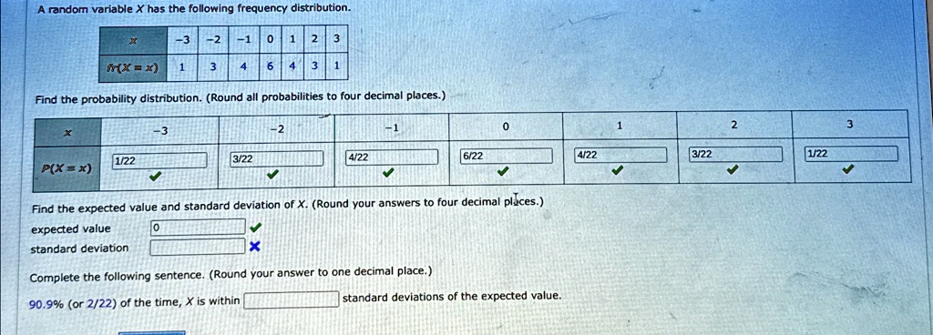a random variable x has the following frequency distribution 3 2 1 0 1 2 3 frx x 1 3 4 6 4 3 1 find the probability distribution round all probabilities to four decimal places x 3 2 1 0 1 2  13807