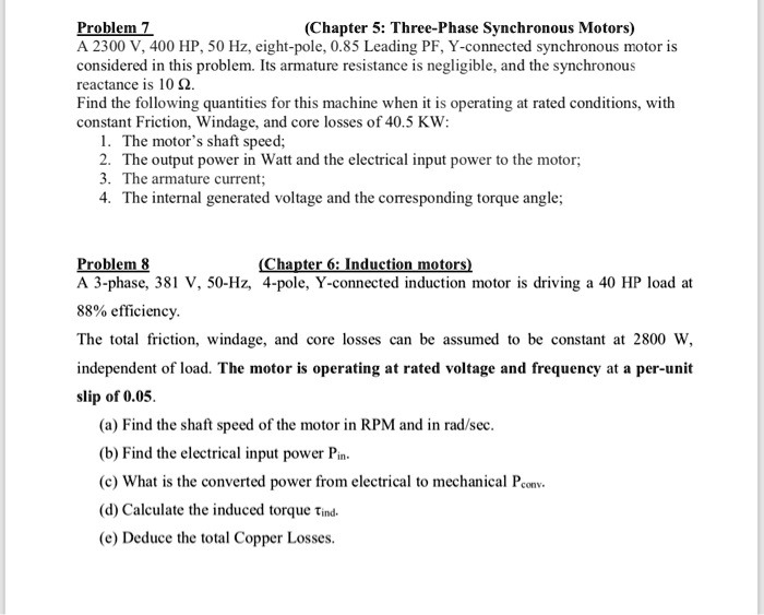 Problem 7 (Chapter 5: Three-Phase Synchronous Motors) A 2300 V, 400 HP ...