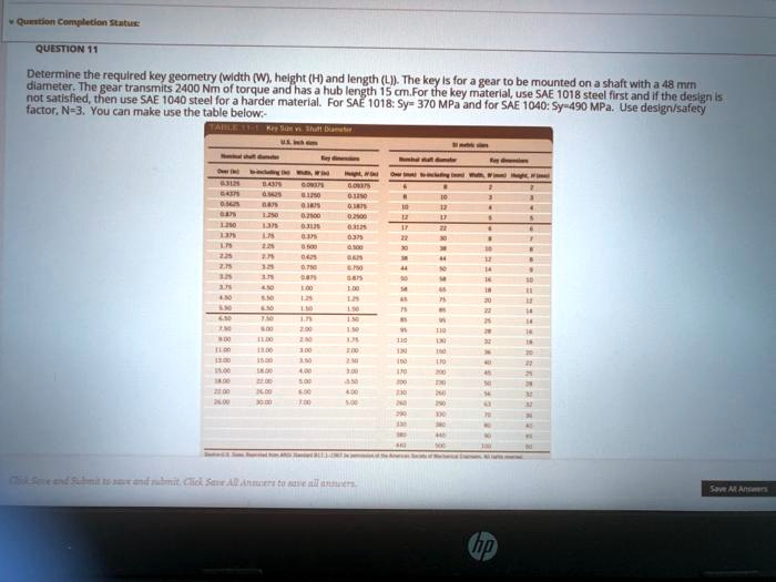 SOLVED: Determine the required key geometry (width (W), height (H), and ...