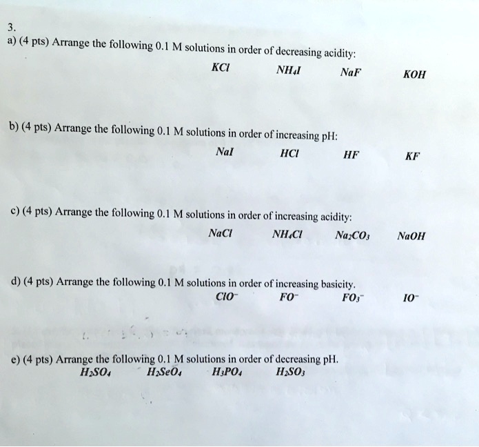 Solved Pts Arrange The Following 0 1 M Solutions In Order Of Solved Pts Arrange The Following 0 1 M Solutions In Order Of