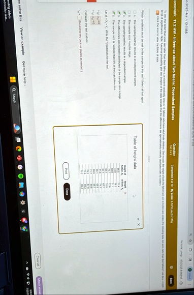 question completed 6 of 10 my score 61210 pts 612 victoria luong 012020 808 pm to test the belief that sons are taller than their fathers a student randomly selects 13 fathers who have adult 14194