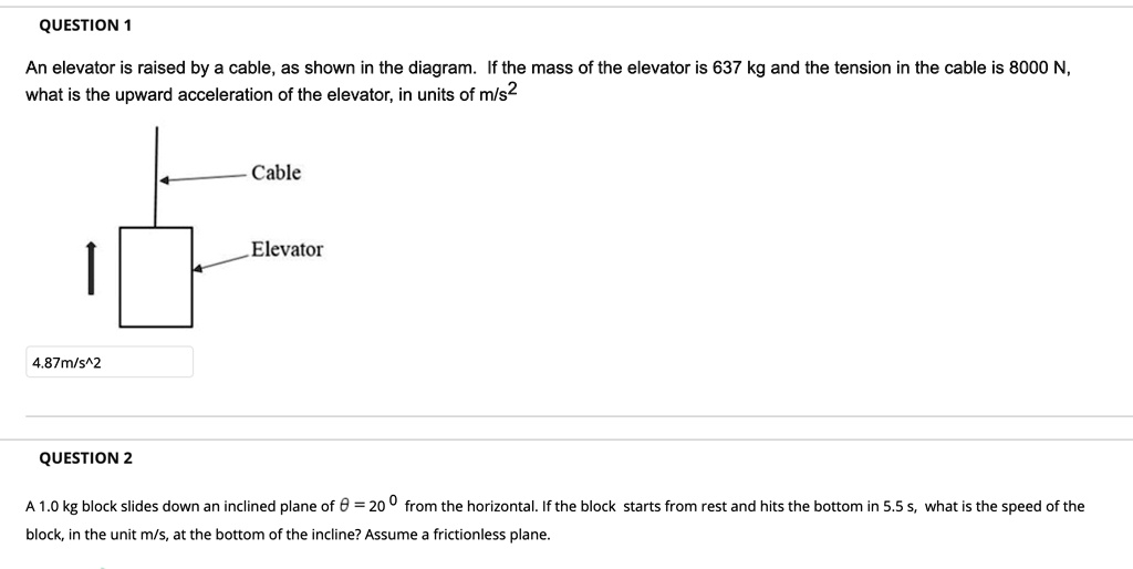 An elevator is raised by a cable, as shown in the diagram. If the mass of the elevator is 637 kg and the tension in the cable is 8000 N, what is the upward acceleration of the elevator, in units of m/s^2

Cable
Elevator

A 1.0 kg block slides down an inclined plane of ? = 20° from the horizontal. If the block starts from rest and hits the bottom in 5.5 s, what is the speed of the block, in the unit m/s, at the bottom of the incline? Assume a frictionless plane.