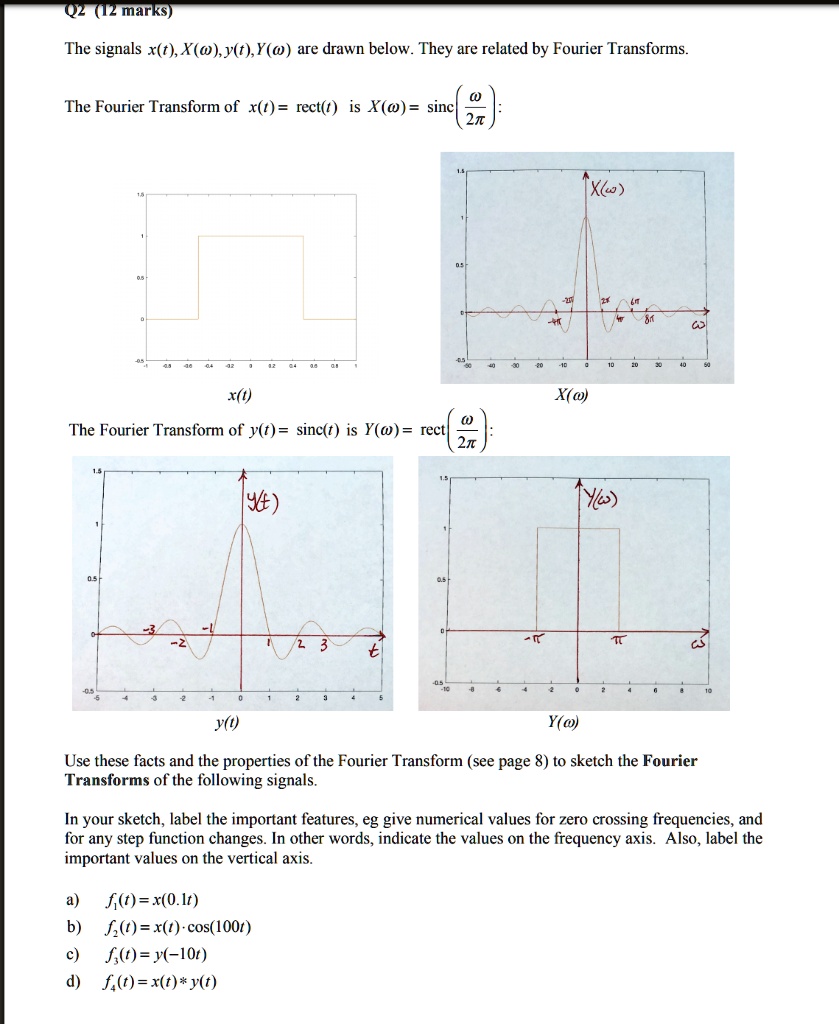 Text: Q2 (12 marks) The signals x(t), X(), y(t), Y() are drawn below ...