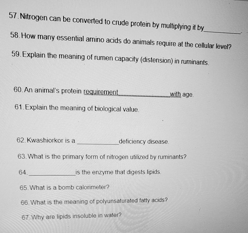 Solved 57 Nitrogen Can Be Converted To Crude Protein By Multiplying It By 58 How Many Essential Amino Acids Do Animals Require At The Cellular Level 59 Explain The Meaning Of Rumen Capacity