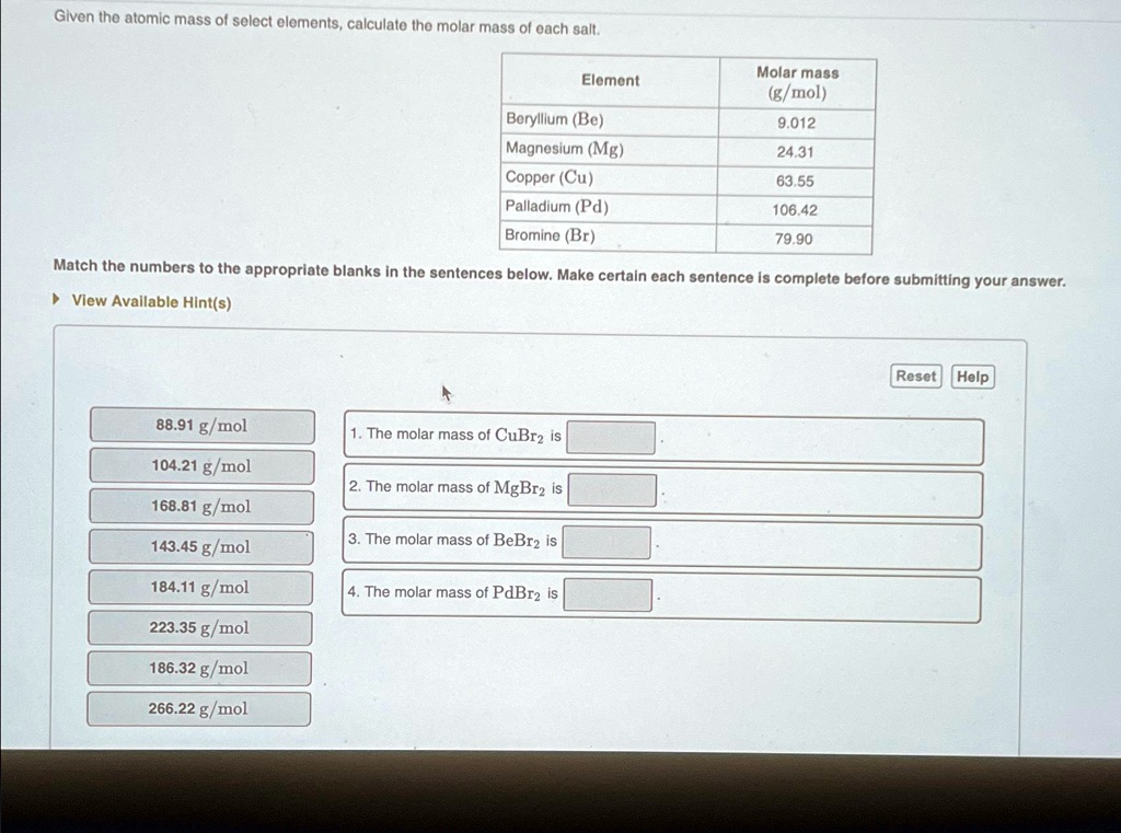 given the atomic mass of select elements calculate the molar mass of