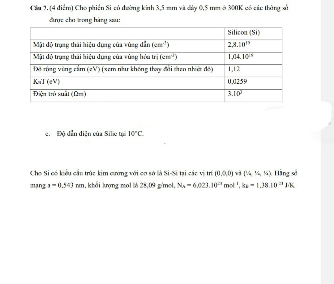 SOLVED: Câu 7. (4 ?i?m) Cho Phi?n Si Có ???ng Kính 3,5 Mm Và Dày 0,5 Mm ...