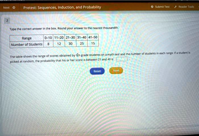 Type the correct answer in the box. Round your answer to the nearest thousandth.

Range: 0-10, 11-20, 21-30, 31-40, 41-50
Number of Students: 8, 12, 30, 25, 15

The table shows the range of scores obtained by 9th grade students on a math test and the number of students in each range. If a student is picked at random, the probability that his or her score is between 21 and 40 is.