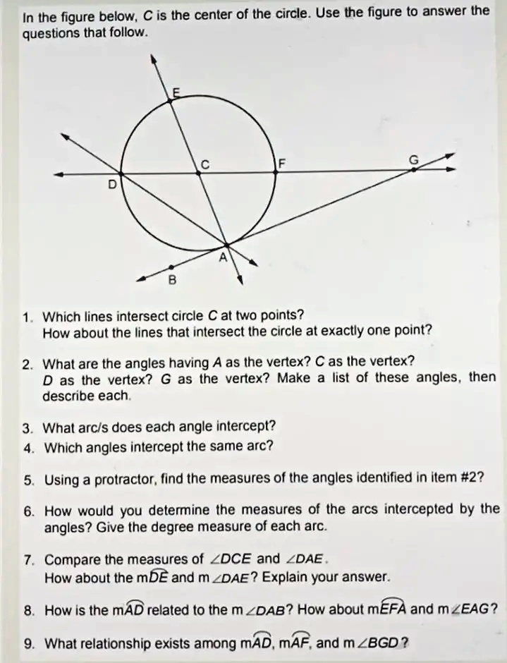 in the figure below c is the center of the circle use the figure t0 answer the questions that follow which lines intersect circle c at two points how about the lines that intersect ihe circl 42756