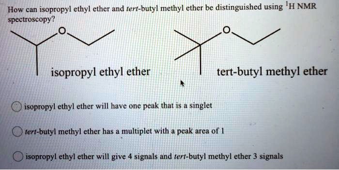 SOLVED: How can isopropyl ethyl ether and tert-butyl methyl ether be  distinguished using 'H NMR spectroscopy? isopropyl ethyl ether tert-butyl  methyl ether isopropyl ethyl ether will have one peak that is singlet