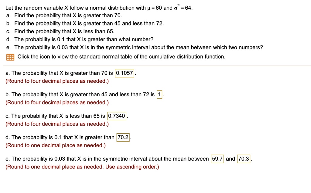 Let the random variable X follow a normal distribution with ? = 60 and ?² = 64.
a. Find the probability that X is greater than 70.
b. Find the probability that X is greater than 45 and less than 72.
c. Find the probability that X is less than 65.
d. The probability is 0.1 that X is greater than what number?
e. The probability is 0.03 that X is in the symmetric interval about the mean between which two numbers?
Click the icon to view the standard normal table of the cumulative distribution function.
a. The probability that X is greater than 70 is 0.1057.
(Round to four decimal places as needed.)
b. The probability that X is greater than 45 and less than 72 is 1.
(Round to four decimal places as needed.)
c. The probability that X is less than 65 is 0.7340.
(Round to four decimal places as needed.)
d. The probability is 0.1 that X is greater than 70.2.
(Round to one decimal place as needed.)
e. The probability is 0.03 that X is in the symmetric interval about the mean between 59.7 and 70.3.
(Round to one decimal place as needed. Use ascending order.)