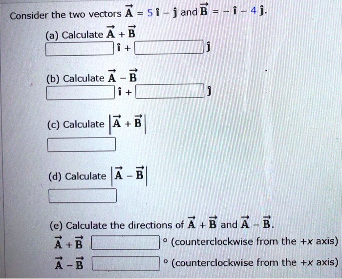 SOLVED: Consider The Two Vectors A = 5i - J And B = 4j. (a) Calculate A ...