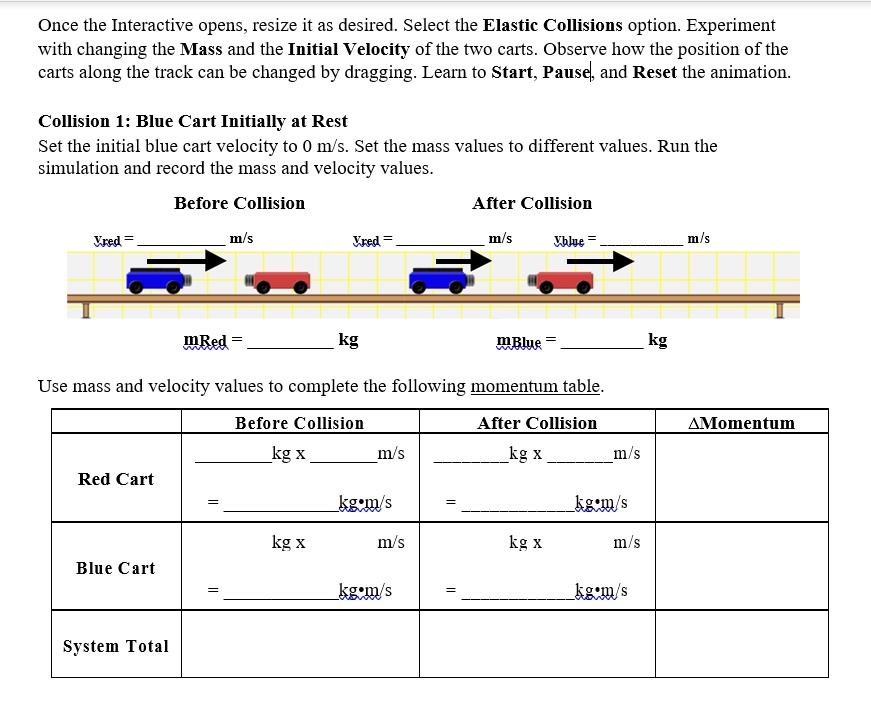 Once the Interactive opens, resize it as desired. Select the Elastic Collisions option. Experiment with changing the Mass and the Initial Velocity of the two carts. Observe how the position of the carts along the track can be changed by dragging. Learn to Start, Pause, and Reset the animation.

Collision 1: Blue Cart Initially at Rest
Set the initial blue cart velocity to 0 m/s. Set the mass values to different values. Run the simulation and record the mass and velocity values.

Before Collision
After Collision
vred =  m/s
vred =  m/s
vblue =  m/s

mRed =  kg
mBlue =  kg

Use mass and velocity values to complete the following momentum table.

Before Collision
After Collision
?Momentum
Red Cart
 kg x  m/s
=  kg•m/s
 kg x  m/s
=  kg•m/s

Blue Cart
 kg x  m/s
=  kg•m/s
 kg x  m/s
=  kg•m/s

System Total