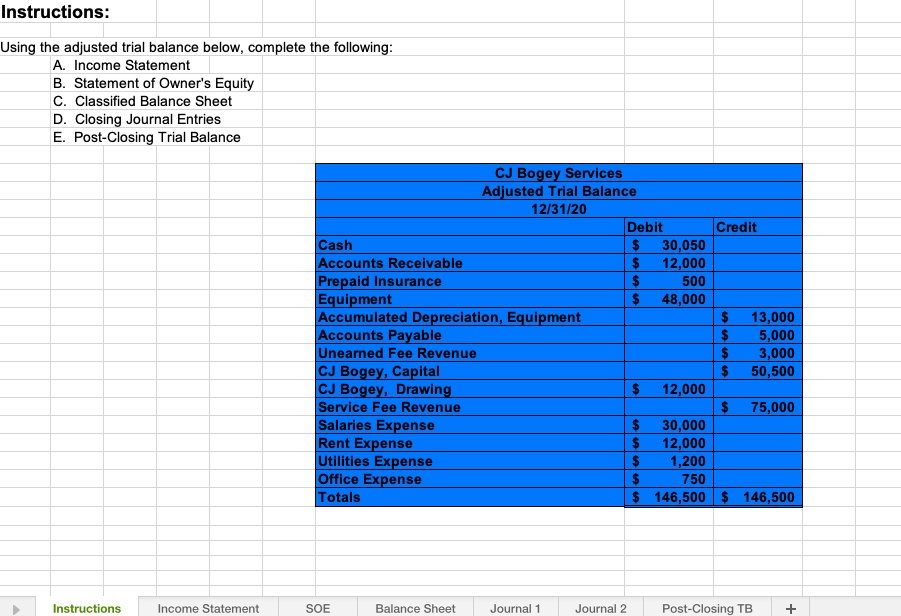 Instructions: Using the adjusted trial balance below,...