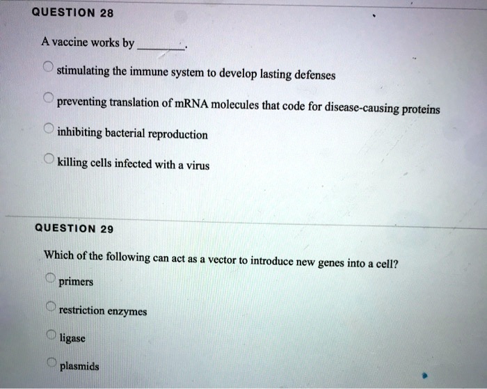 QUESTION 28

A vaccine works by .

stimulating the immune system to develop lasting defenses

preventing translation of mRNA molecules that code for disease-causing proteins

inhibiting bacterial reproduction

killing cells infected with a virus

QUESTION 29

Which of the following can act as a vector to introduce new genes into a cell?

primers

restriction enzymes

ligase

plasmids