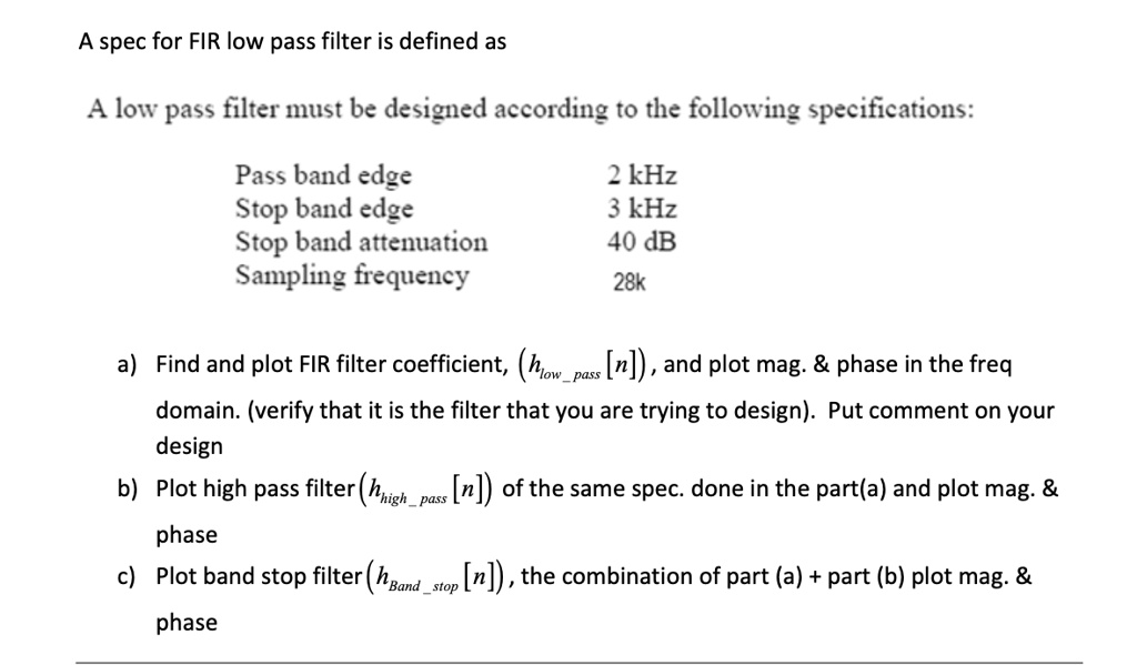A spec for FIR low pass filter is defined as A low pass filter must be ...