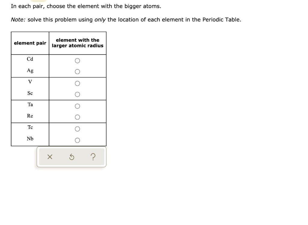 SOLVED: In each pair, choose the element with the bigger atoms Note ...