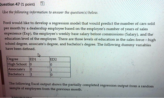 Use the following information to answer the question(s) below.
Ford would like to develop a regression model that would predict the number of cars sold per month by a dealership employee based on the employee's number of years of sales experience (Exp), the employee's weekly base salary before commissions (Salary), and the education level of the employee. There are three levels of education in the sales force—high school degree, associate's degree, and bachelor's degree. The following dummy variables have been defined.

Degree | ED1 | ED2
High School | 0 | 0
Associate's | 0 | 1
Bachelor's | 1 | 0

The following Excel output shows the partially completed regression output from a random sample of employees from the previous month.