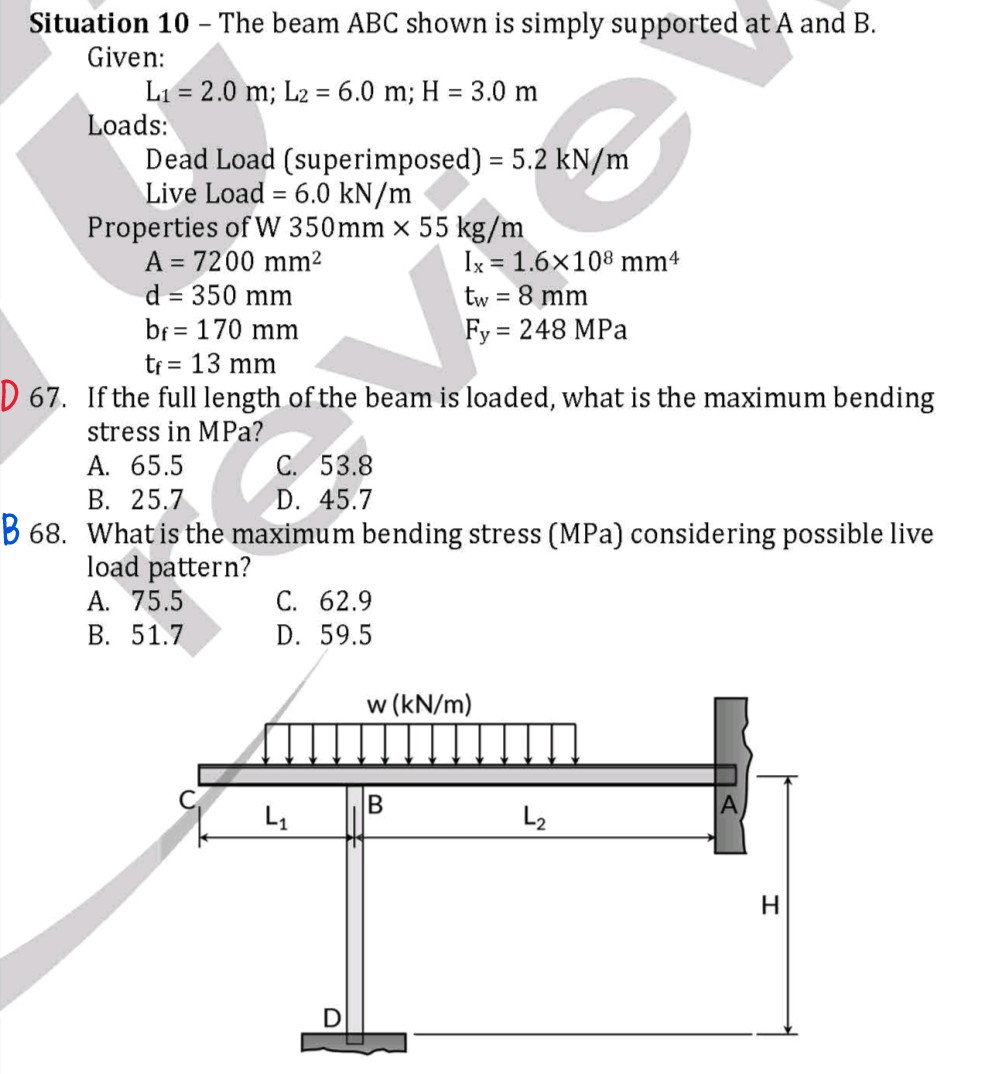 Situation 10 - The beam ABC shown is simply supported at A and B. Given ...