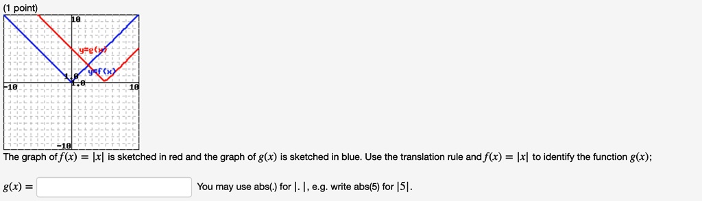 (1 point)
10
y=g(x)
y=f(x)
1.0
-10
1.0
10
-10
The graph of f(x) = |x| is sketched in red and the graph of g(x) is sketched in blue. Use the translation rule and f(x) = |x| to identify the function g(x);
g(x) = You may use abs(.) for | . |, e.g. write abs(5) for |5|.