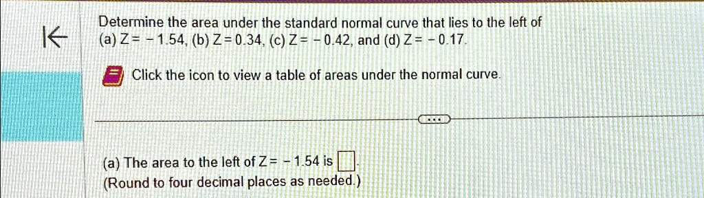 Determine the area under the standard normal curve that lies to the left of
(a) Z = -1.54, (b) Z = 0.34, (c) Z = -0.42, and (d) Z = -0.17.
Click the icon to view a table of areas under the normal curve.
(a) The area to the left of Z = -1.54 is
(Round to four decimal places as needed.)