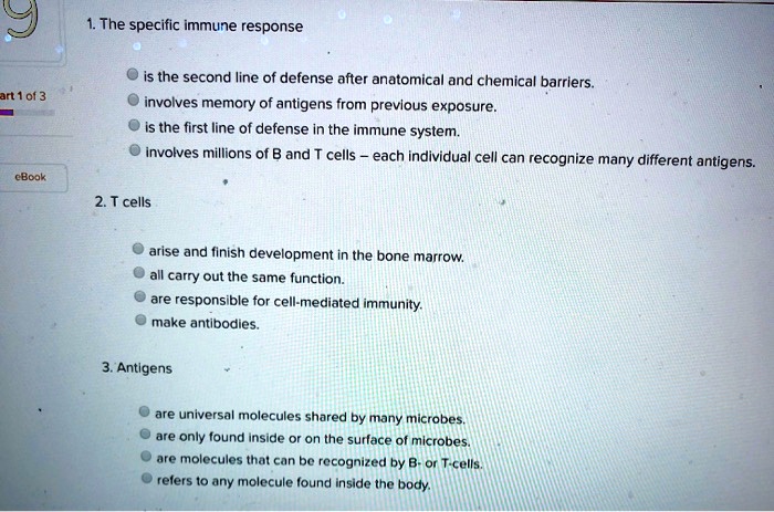 1. The specific immune response

is the second line of defense after anatomical and chemical barriers.
involves memory of antigens from previous exposure.
is the first line of defense in the immune system.
involves millions of B and T cells – each individual cell can recognize many different antigens.

2. T cells

arise and finish development in the bone marrow.
all carry out the same function.
are responsible for cell-mediated immunity.
make antibodies.

3. Antigens

are universal molecules shared by many microbes.
are only found inside or on the surface of microbes.
are molecules that can be recognized by B- or T-cells.
refers to any molecule found inside the body.