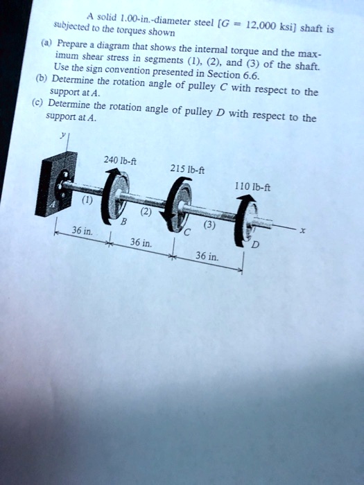SOLVED Subjected to the torques shown, a solid 1.00inchdiameter steel [G=12,000 ksi] shaft is