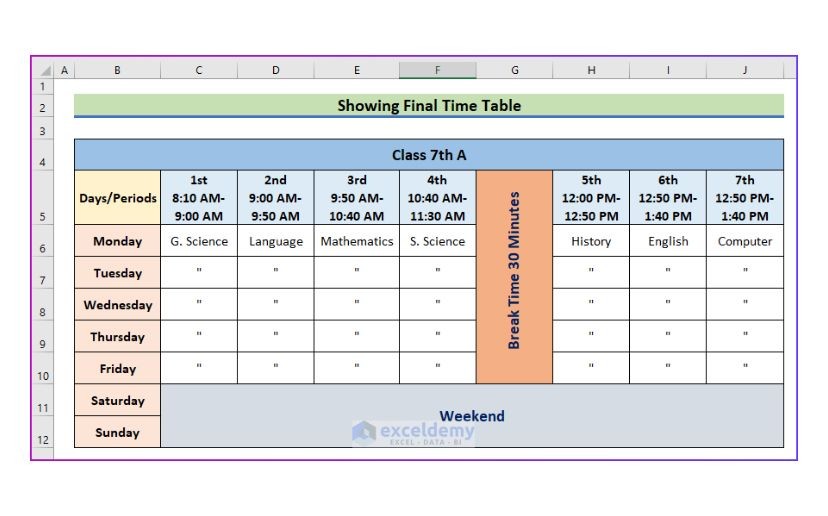 SOLVED: Δ B c D E F G H 1 J 1 2 9|c| Showing Final Time Table 3 4 9|c ...
