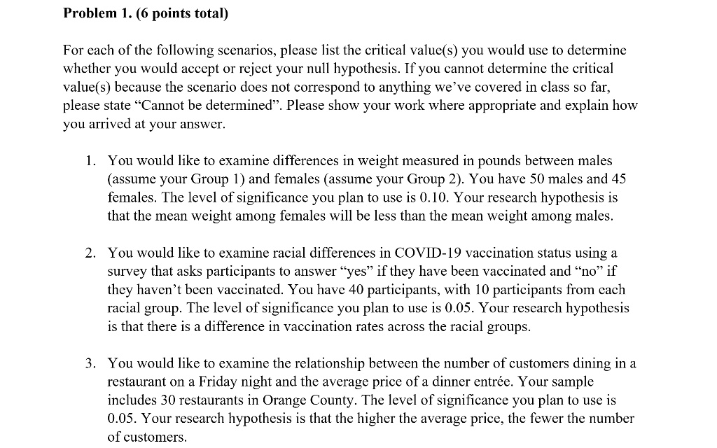 Solved Problem 1 6 Points Total For Cach Of The Following Scenarios Please List The Critical Value S You Would Use To Determine Whether You Would Acecpt Or Reject Your Null Hypothesis If You