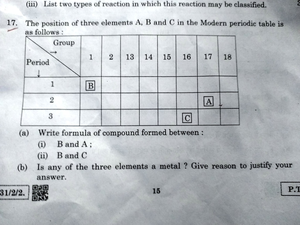 (iii) List two types of reaction in which this reaction may be classified.
17. The position of three elements A, B and C in the Modern periodic table is as follows :
Group
Period 1 2 13 14 15 16 17 18
1 B
2 A
3 C
(a) Write formula of compound formed between :
(i) B and A ;
(ii) B and C
(b) Is any of the three elements a metal ? Give reason to justify your answer.