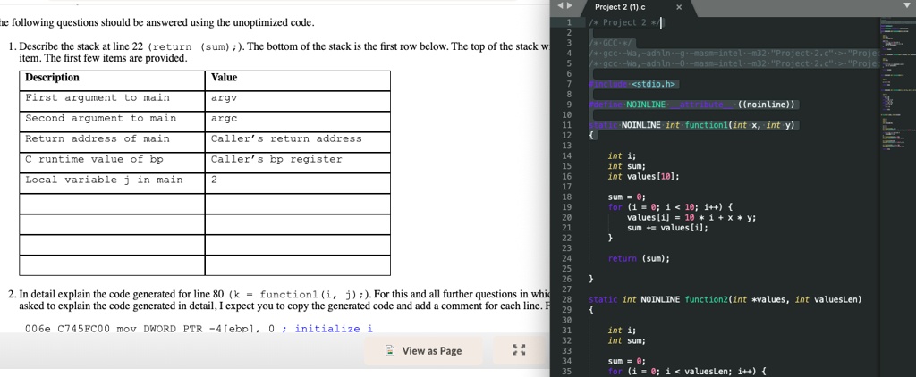 SOLVED: Describe the stack at line 22 (return (sum);). The bottom of ...