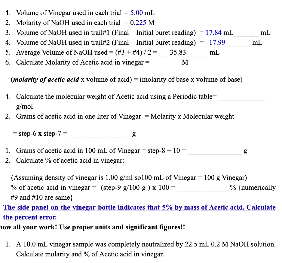 SOLVED Volume of Vinegar used in each trial = 5.00 mL Molarity of NaOH
