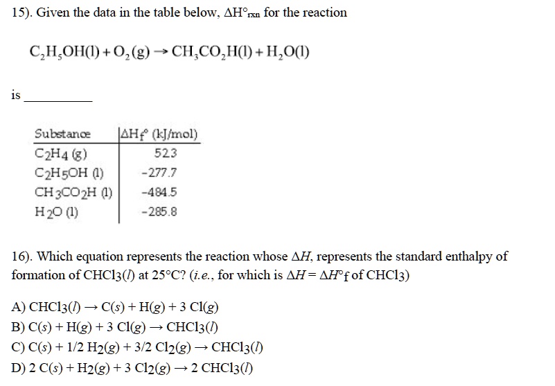 SOLVED 15 Given the data in the table below AHf for the