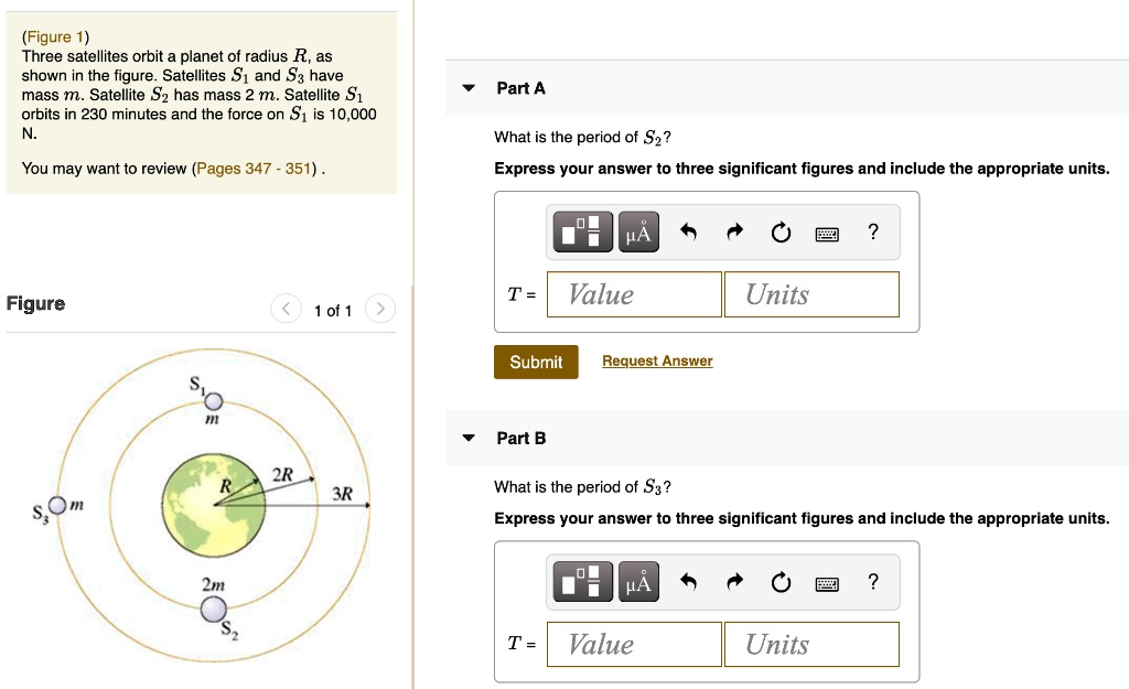 Three satellites orbit a of radius R, as shown in the figure