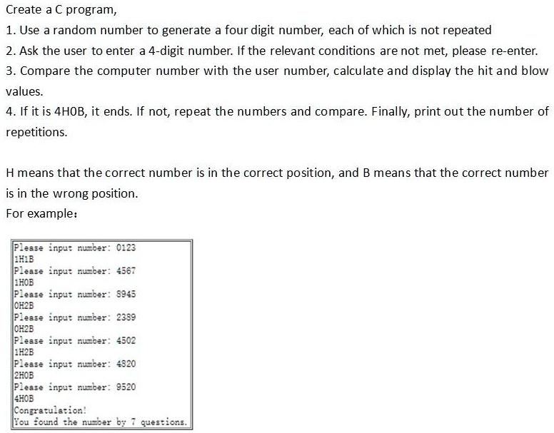 SOLVED: Create a C program. 1. Use a random number to generate a four ...