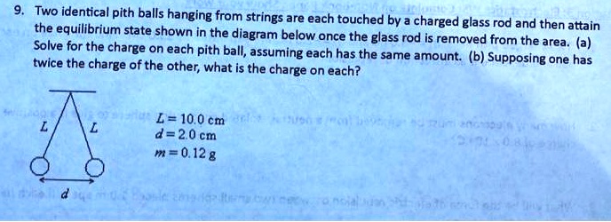 9. Two identical pith balls hanging from strings are each touched by a charged glass rod and then attain the equilibrium state shown in the diagram below once the glass rod is removed from the area. (a) Solve for the charge on each pith ball, assuming each has the same amount. (b) Supposing one has twice the charge of the other, what is the charge on each?
L = 10.0 cm
d = 2.0 cm
m = 0.12 g
