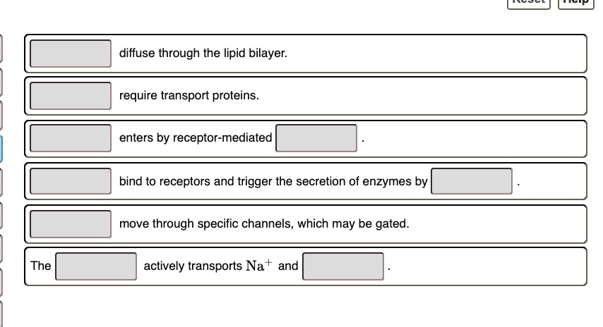 diffuse through the lipid bilayer.
require transport proteins.
enters by receptor-mediated .
bind to receptors and trigger the secretion of enzymes by .
move through specific channels, which may be gated.
The actively transports Na+ and .