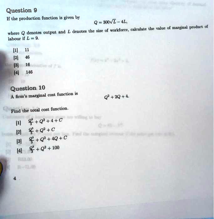 SOLVED: Question 9: If the production function is given by Q = 300L ...