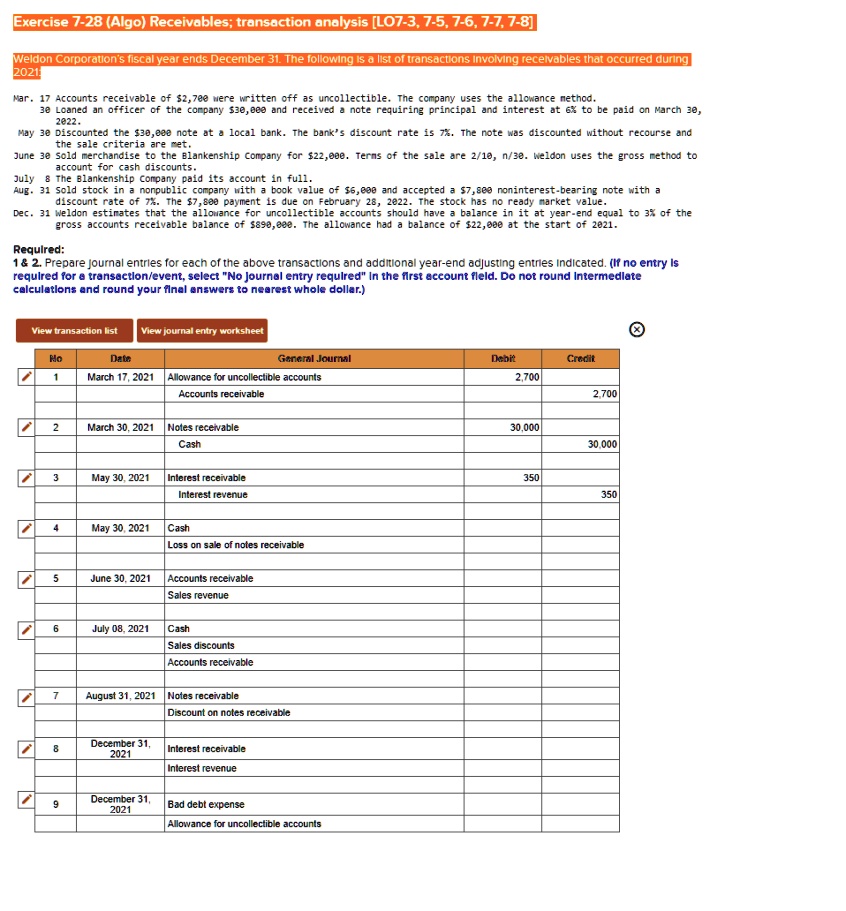 Exercise 728 (Algo) Receivables; transaction analysis [LO73, 75, 76