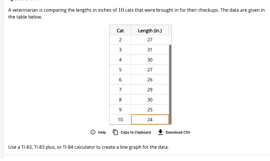 SOLVED A veterinarian is comparing the lengths in inches of 10 cats