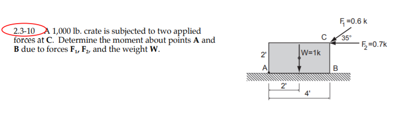 A 1,000 lb. crate is subjected to two applied forces at C. Determine the moment about points A and B due to forces F1, F2, and the weight W.