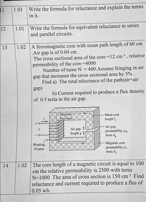 SOLVED 1.01 Write the formula for reluctance and explain the terms in