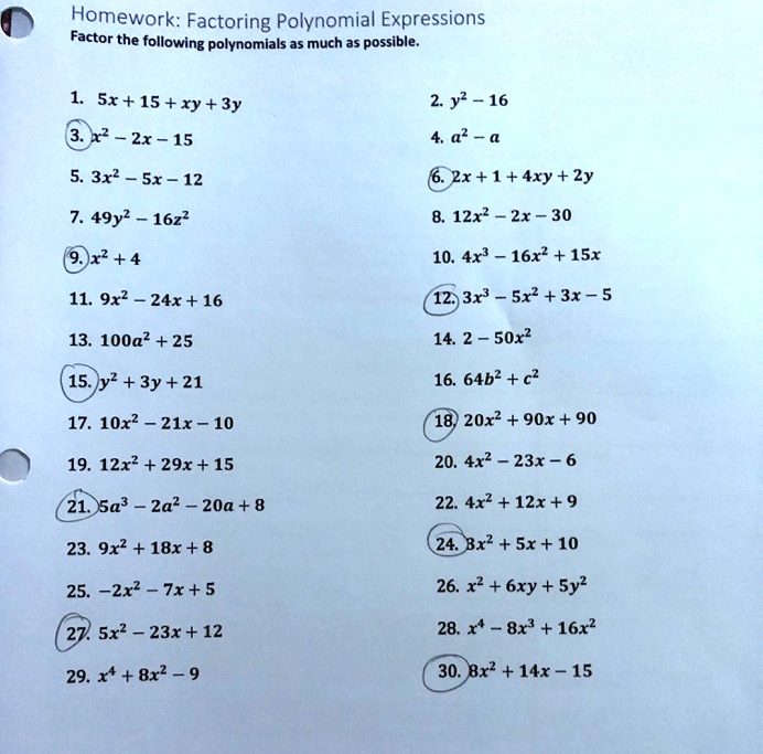 Solved Homework Factoring Polynomial Expressions Factor The Following Polynomials As Much A5 Possible Sx 15 Xy 3y X2 2x 15 5 3x2 Sx 12 2 Y2 16 4