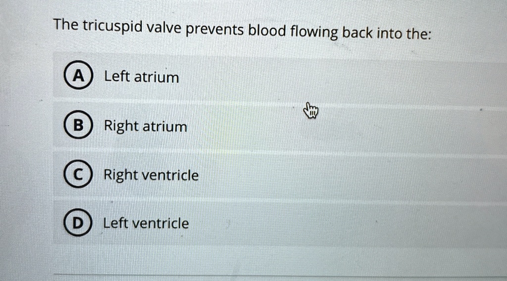 The tricuspid valve prevents blood flowing back into the:
(A) Left atrium
B) Right atrium
C) Right ventricle
(D) Left ventricle